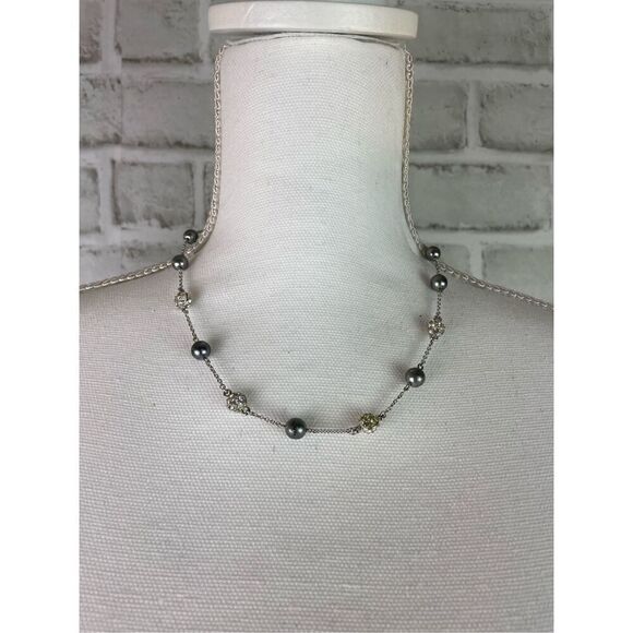 NOLAN MILLER Silver Tone Gray Faux Pearl Rhinestone Necklace 19" Classy - Picture 1 of 7